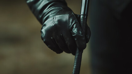 Rider’s Gloved Hands Holding Black Riding Crop, Space for Copy