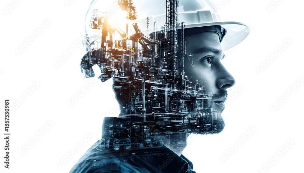 Aufkleber double exposure of engineer with industrial elements in profile view