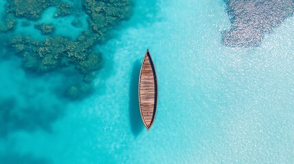 Obraz premium Wooden boat with turquoise water, and aerial view.