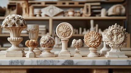 Artistic rendering of ornamental rosettes carved in marble and wood showcasing historical influences in architectural detailing