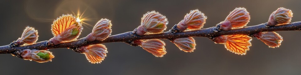 Sunrise Illuminates Frost-Covered Spring Buds on Branches, Vibrant Colors in a Natural Landscape