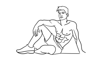 Sculpted pumped up body. Sport man narcissist, admires himself on white background. Sport guy model line art drawing. Vector illustration