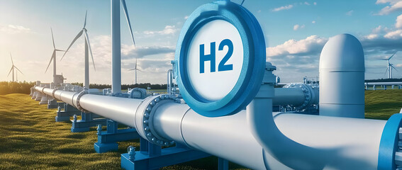 A modern hydrogen pipeline surrounded by wind turbines, symbolizing the future of renewable energy and sustainable technology.