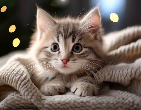 cozy fluffy kitten lounging on soft blanket looking curious and playful