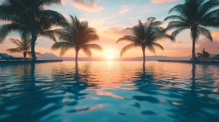 Infinity Pool Reflecting Tropical Sunset, Space for Copy