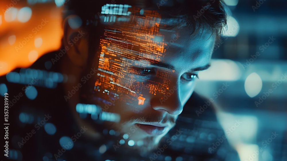 Aufkleber Thoughtful Male Programmer Analyzing Data on Computer Screen