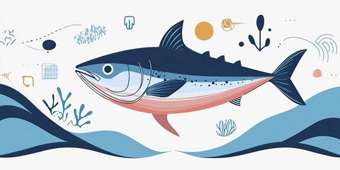 Obraz premium Tuna swimming in ocean with vibrant marine life and abstract elements illustrating underwater ecology and biodiversity