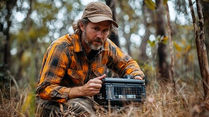 Man inspecting trap in forest, wildlife research