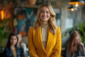Fototapeta premium A smiling young woman in a yellow blazer stands confidently in a vibrant café, embodying positivity and professionalism.