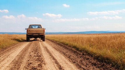 Naklejka premium Tow truck transports sedan along a rural dirt road with a picturesque countryside background