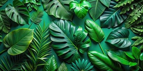 Lush Green Tropical Foliage Arranged in a Vibrant, Eye-Catching Pattern for Design and Decoration