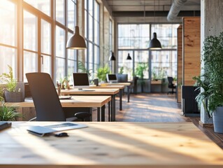 Fototapeta premium Modern office with wooden desks and minimalist design and overcast lighting
