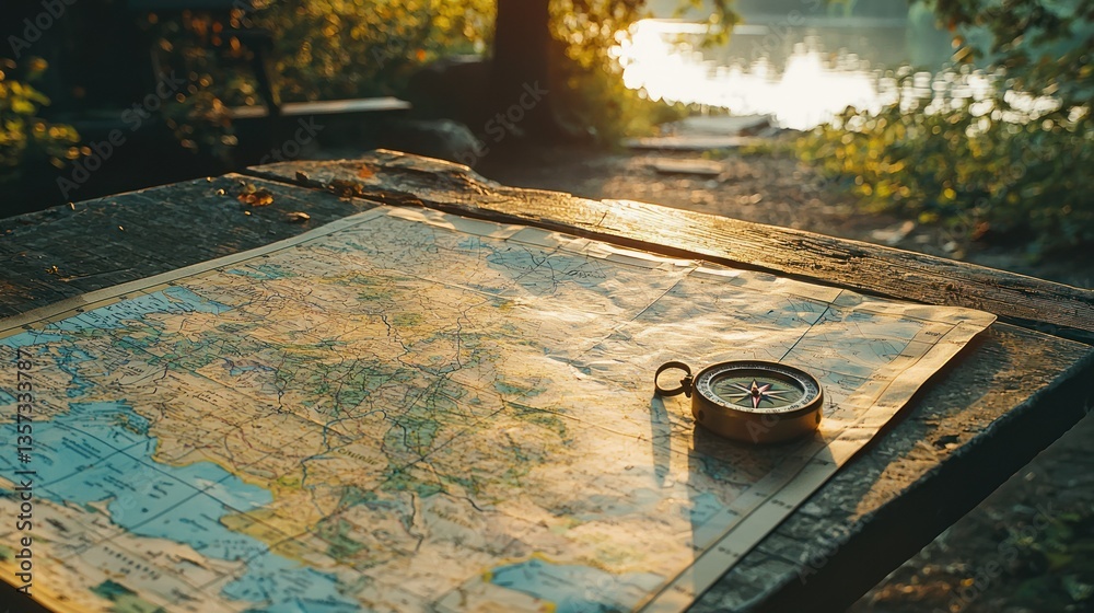 Poster An outdoor map spread across a table with a compass resting on it. 