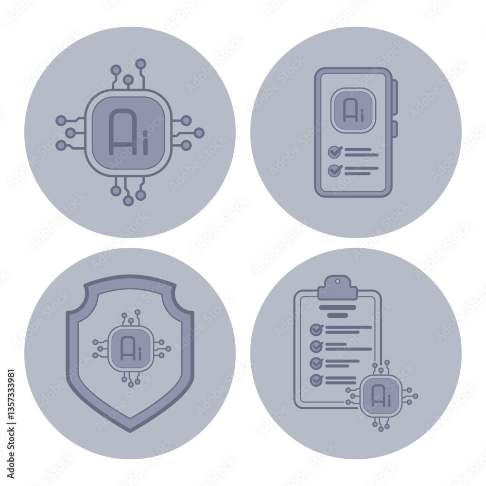 Poster collection of four line icons representing different aspects of artificial intelligence. technology,