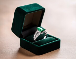 emerald ring with diamonds in box