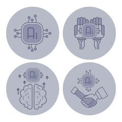 Collection of four distinct icons illustrating various aspects of artificial intelligence, including computer chip, hands, brain, and handshake