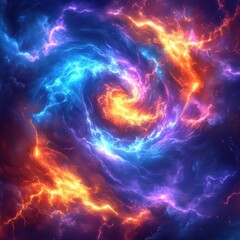 Ethereal cosmic vortex of swirling nebula clouds with vibrant colors of blue orange and purple in space
