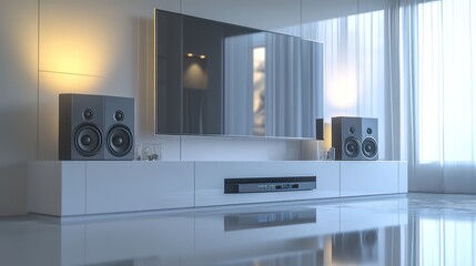A high-end white entertainment center with built-in speakers, featuring a glossy surface that reflects the light beautifully