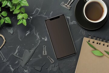 Smartphone with Black Screen, Empty Open Notepad, Two Binder Clips, Cup of Coffee and Green Twig
