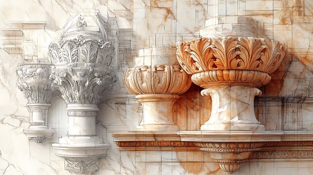 Artistic rendering of ornamental rosettes carved in marble and wood showcasing historical influences in architectural detailing