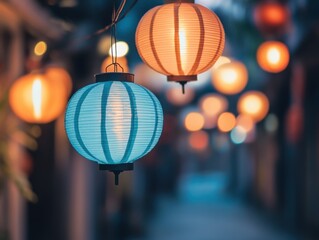 Obraz premium Paper lanterns in empty street symmetrical composition and soft ambient lighting with space for text above