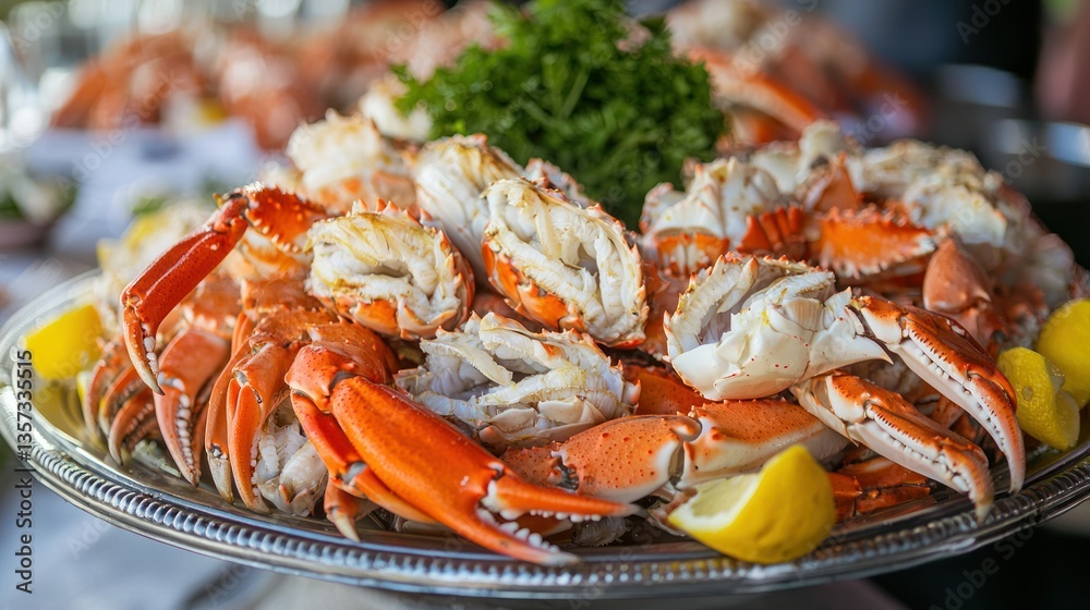 Poster crab claws arranged on a platter as part of a seafood boil presentation.