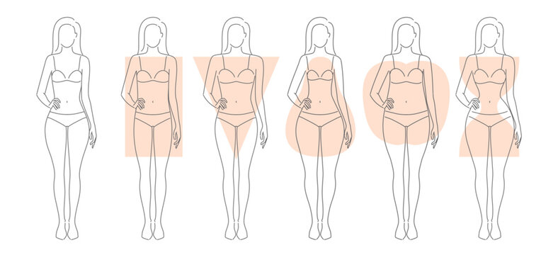 Five types of women s body shapes hourglass, pear, rectangle, apple, and inverted triangle. Female figures template for fashion, beauty, clothing, and fitness use. Vector line sketch illustration