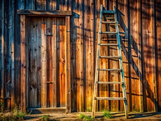 Rustic Wooden Step Ladder Against Barn Wall - Vintage Farm Tool Stock Photo