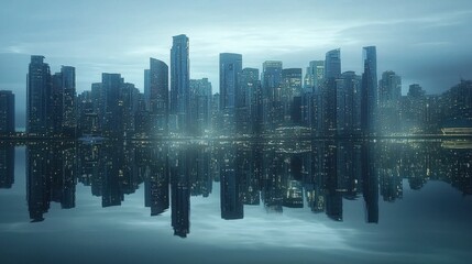 Fototapeta premium Urban landscape featuring the city skyline reflected in calm water, creating a mesmerizing mirror effect with an array of skyscrapers.