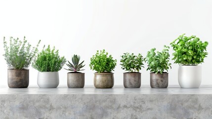 Fototapeta premium A modern kitchen with a row of small potted plants on the countertop, including succulents, herbs, and small cacti, isolated on a transparent white background 