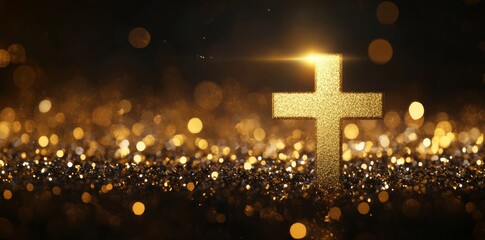 golden cross on an abstract, blurred light gold and black background. Easter symbol. Christian concept. Banner for web design or print material. Copy space for text 