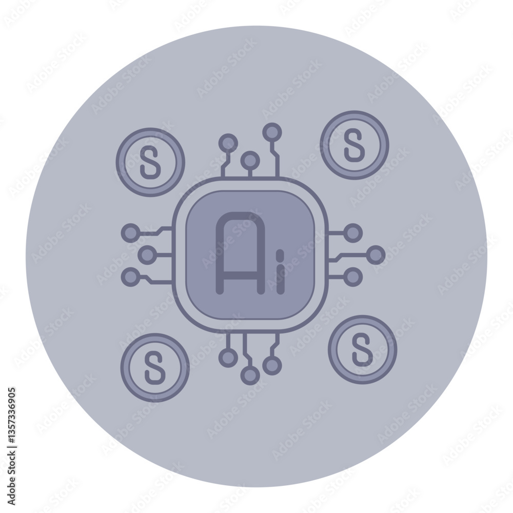 Poster circular icon of central microchip labeled with ai, surrounded by symbols representing data connecti