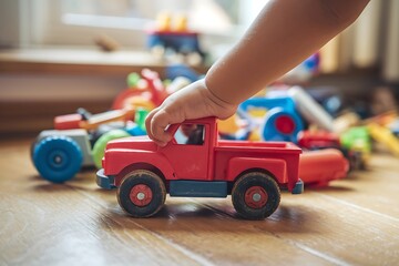 Naklejka premium A Toddler's Hand Reaching for a Red Toy Truck Amidst a Collection of Play Vehicles