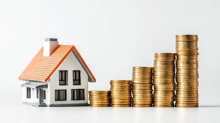 Miniature house with stacked coins representing real estate investment property value and financial growth