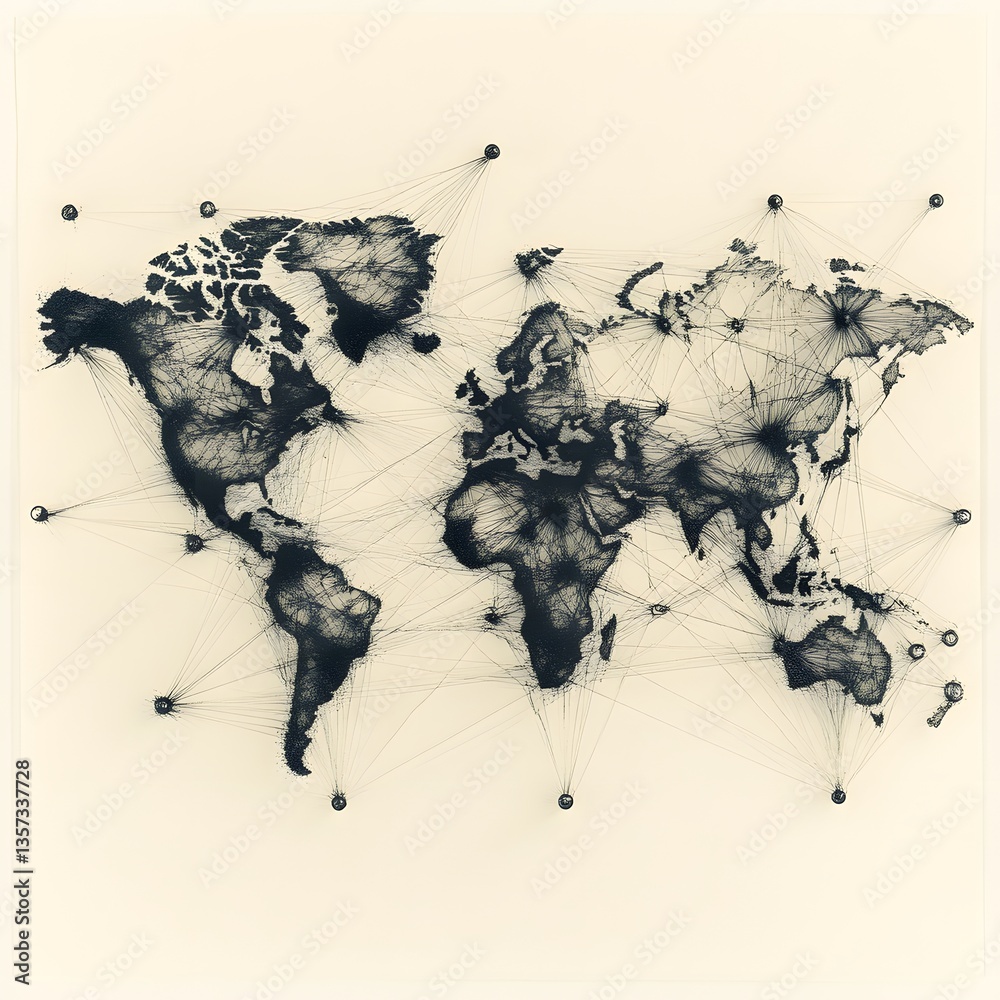 Poster abstract world map with network connections and nodes illustration