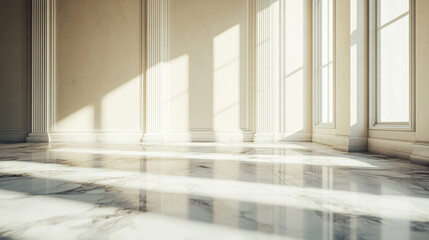 Obraz premium Bright room with marble floor, columns, and large windows letting in light creating shadows on the wall