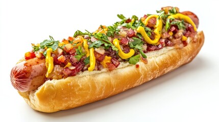 A classic hot dog served in a sesame seed bun, topped with yellow mustard and diced onions.
