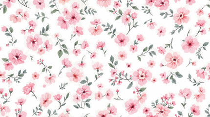 Watercolor seamless pattern pink wild flowers on the white background