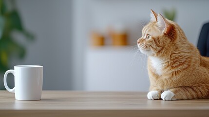 Benefits of cat ownership. A curious cat observes a white mug on a wooden table in a cozy setting.