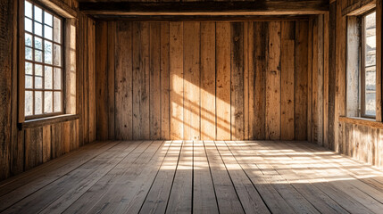 Interior view of a rustic wooden room with sunlight streaming through the windows and wooden floor