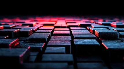 Obraz premium A low-angle close-up view of dark metallic cubes illuminated by vibrant red and blue lighting creating dramatic and textured visual effects in design