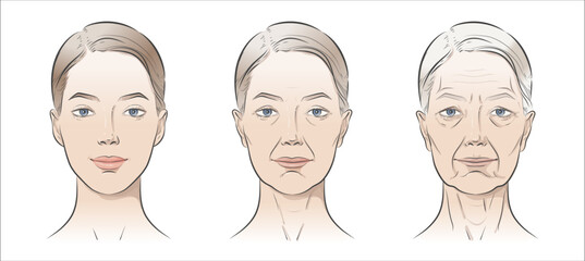 Woman’s face sketch, line vector drawing illustration, contrasting youth and age. Minimalist black-and-white design in realistic style, perfect for skincare ads, anti-aging campaigns, beauty concept