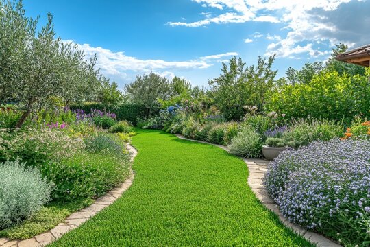Serene garden path with vibrant green lawn and colorful flowers under a bright blue sky creating a peaceful and inviting outdoor scene