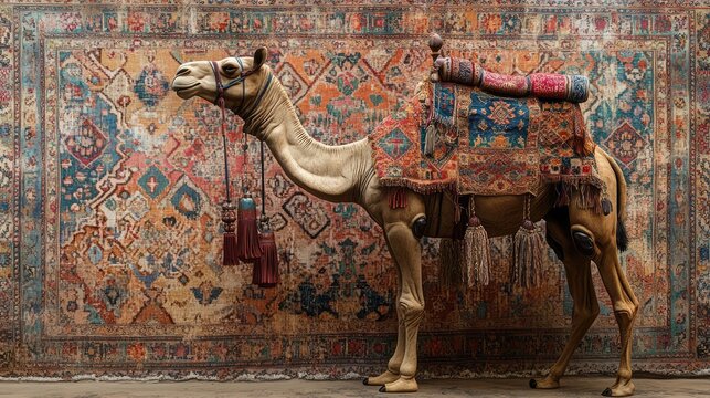 A decorated camel stands gracefully, adorned with a vibrant patterned saddle blanket featuring shades of orange,