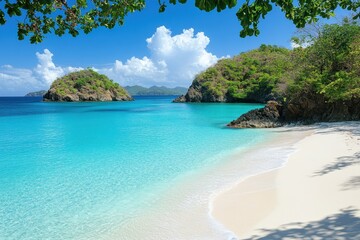 Fototapeta premium Tropical beach paradise with turquoise water white sand lush greenery and blue sky idyllic Caribbean island getaway