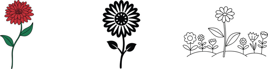 Floral Designs Red Flower, Black Flower, Line Art Flowers