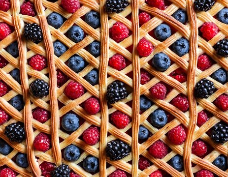 tileable berry pie texture seamless lattice crust background baked mixed berry tart close up golden brown pastry with blueberries raspberries and blackberries