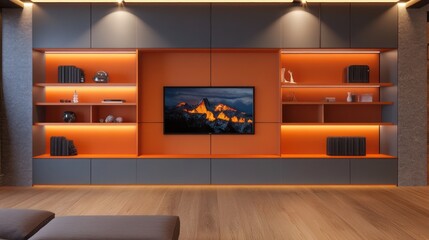 A luxurious modern living room featuring a dynamic orange and gray color palette