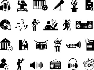 Black Music Icon Set. Vector Illustrations Note, Vinyl, Music Composer, Piano, DJ, Playlist, Headphones, Orchestra Conductor, Guitarist, Singing, Speaker, Microphone, and More