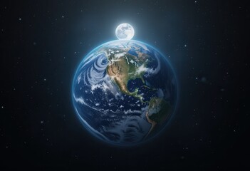 Earth illuminated by moonlight in a vast cosmic environment